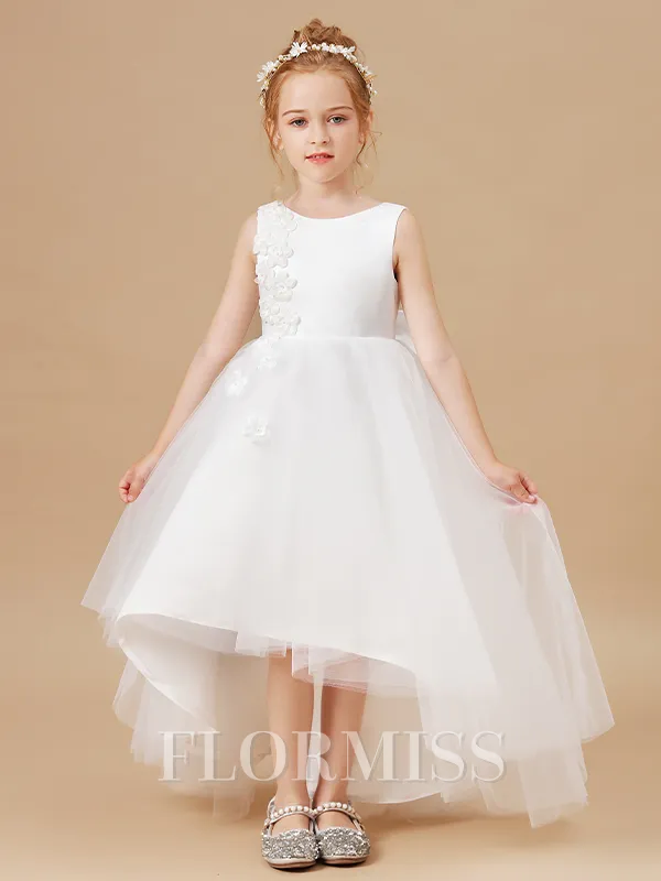 A-Line/Princess Scoop Asymmetrical Tulle Junior Bridesmaid Dresses With Bow