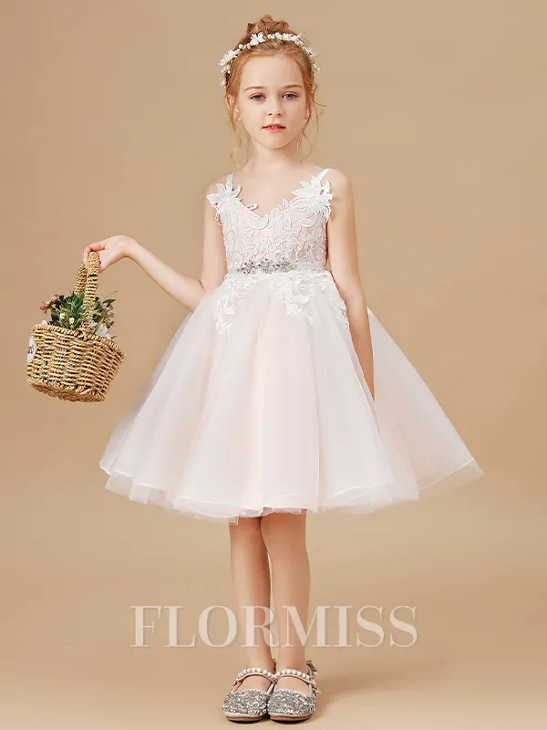 A-Line/Princess V-neck Knee-Length Tulle Junior Bridesmaid Dresses With Belt/Sash