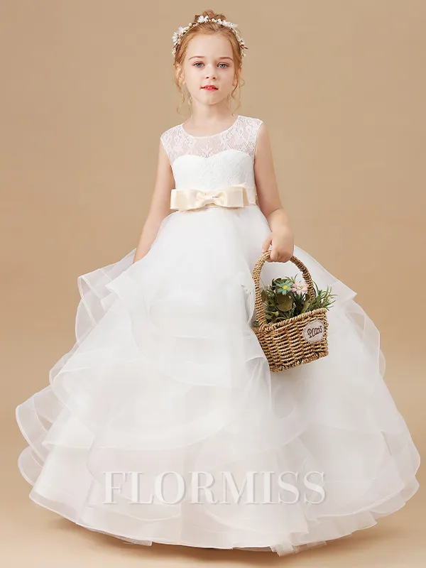 Ball Gown Scoop Ankle-Length Tulle Junior Bridesmaid Dresses With Bow