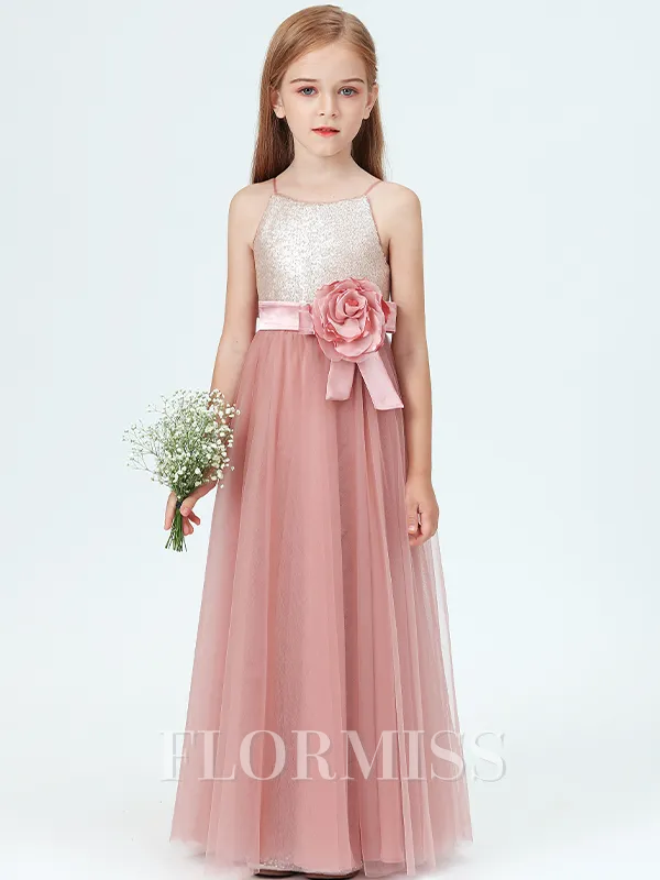 A-Line/Princess Spaghetti Straps Floor-Length Tulle Junior Bridesmaid Dresses With Flower