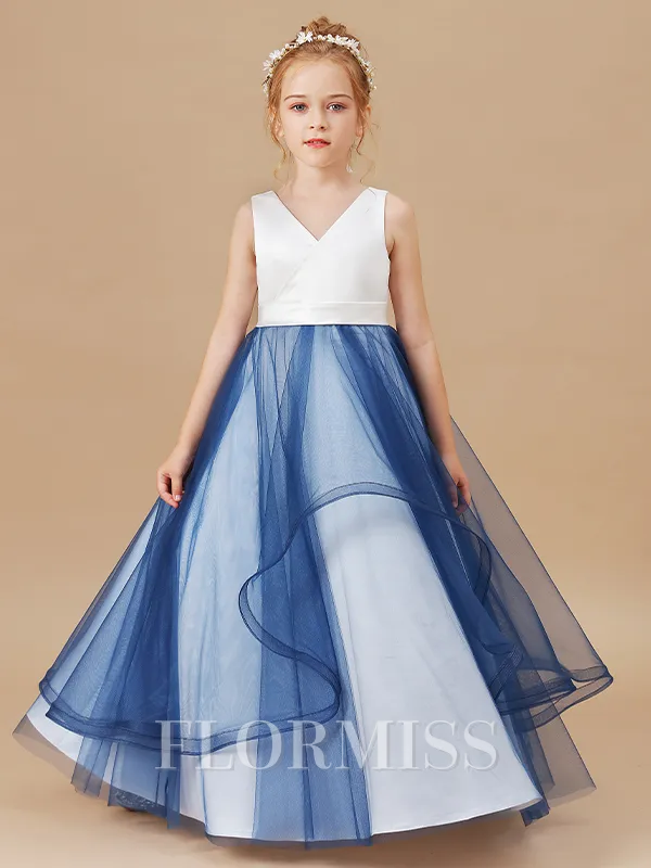 Ball Gown V-neck Floor-Length Tulle Junior Bridesmaid Dresses With Ruffles