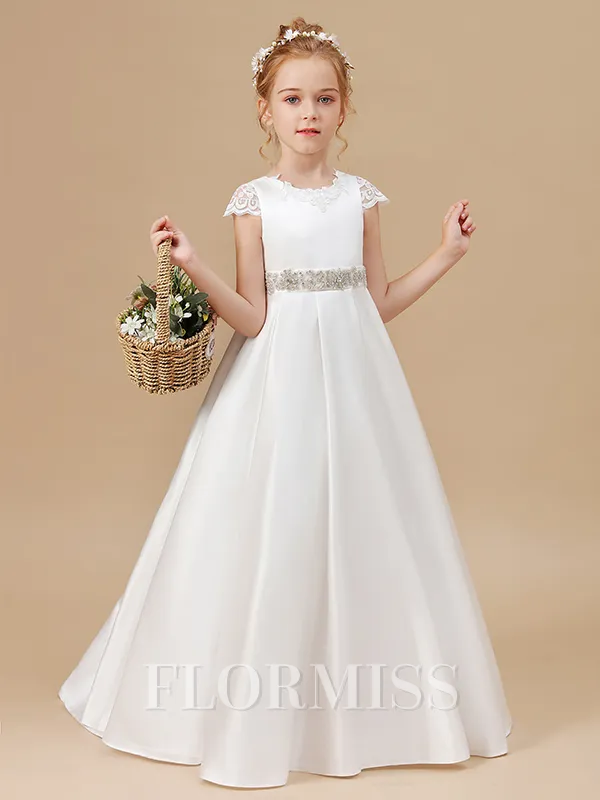 A-Line/Princess Scoop Sweep/Brush Train Satin Junior Bridesmaid Dresses With Bow