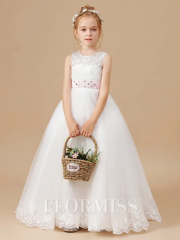 A-Line/Princess Scoop Sweep/Brush Train Tulle Junior Bridesmaid Dresses