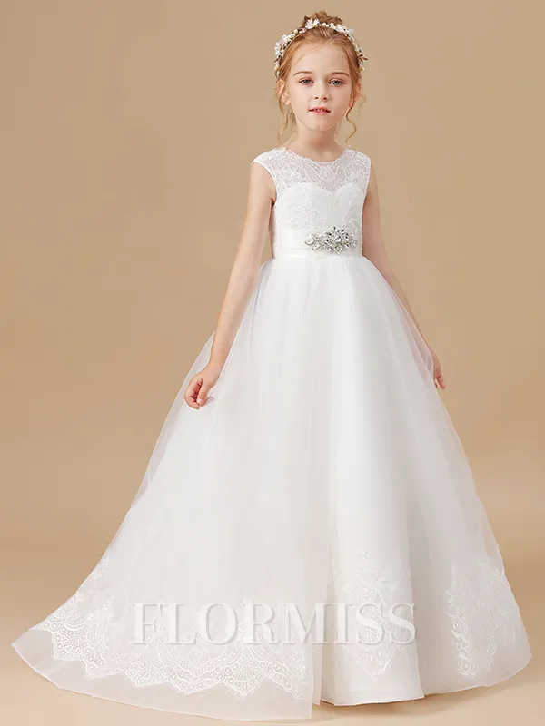 A-Line/Princess Scoop Sweep/Brush Train Tulle Junior Bridesmaid Dresses With Rhinestone