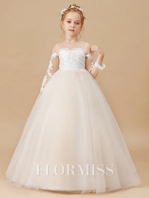 Ball Gown Scoop Sweep/Brush Train Tulle Junior Bridesmaid Dresses With Appliques Lace