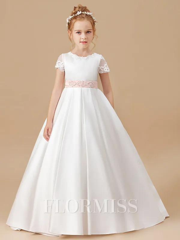 Ball Gown Scoop Sweep/Brush Train Satin Junior Bridesmaid Dresses With Belt/Sash