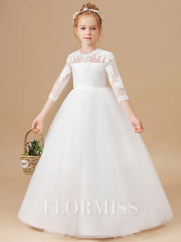 Ball Gown Scoop Floor-Length Tulle Junior Bridesmaid Dresses With Appliques Lace