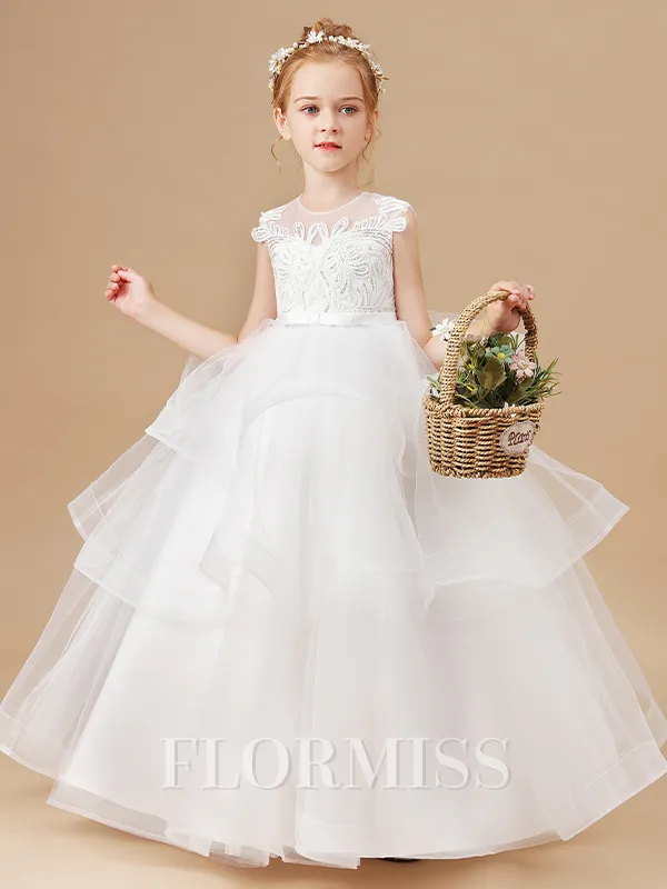 Ball Gown Scoop Floor-Length Tulle Junior Bridesmaid Dresses With Cascading Ruffles