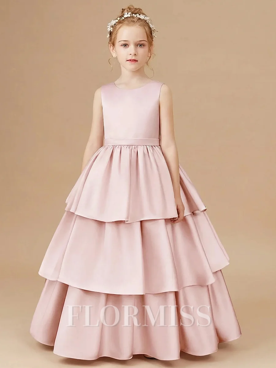 A-line Scoop Bowknot Floor-Length Satin Flower Girl Dress