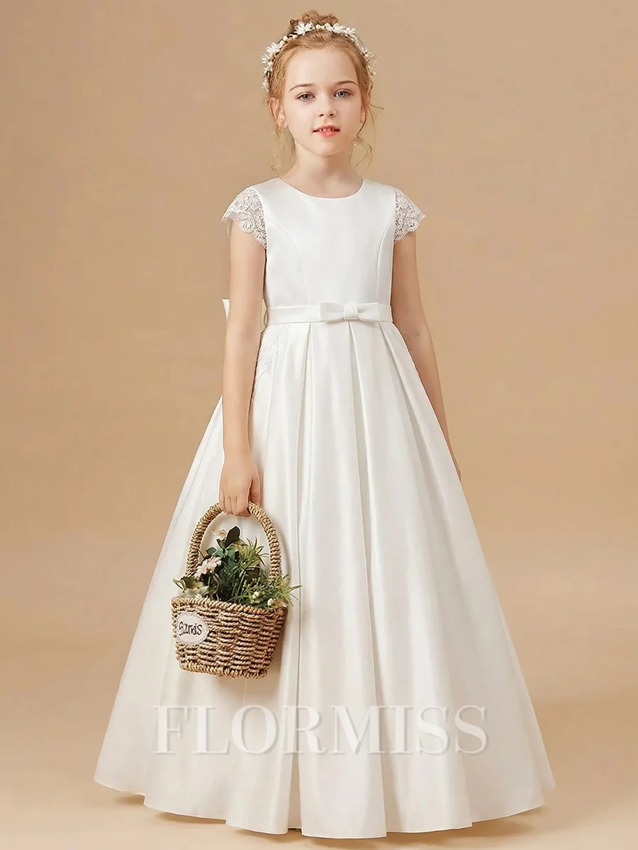 A-line Scoop Short Sleeves Bowknot Floor-Length Satin Flower Girl Dress