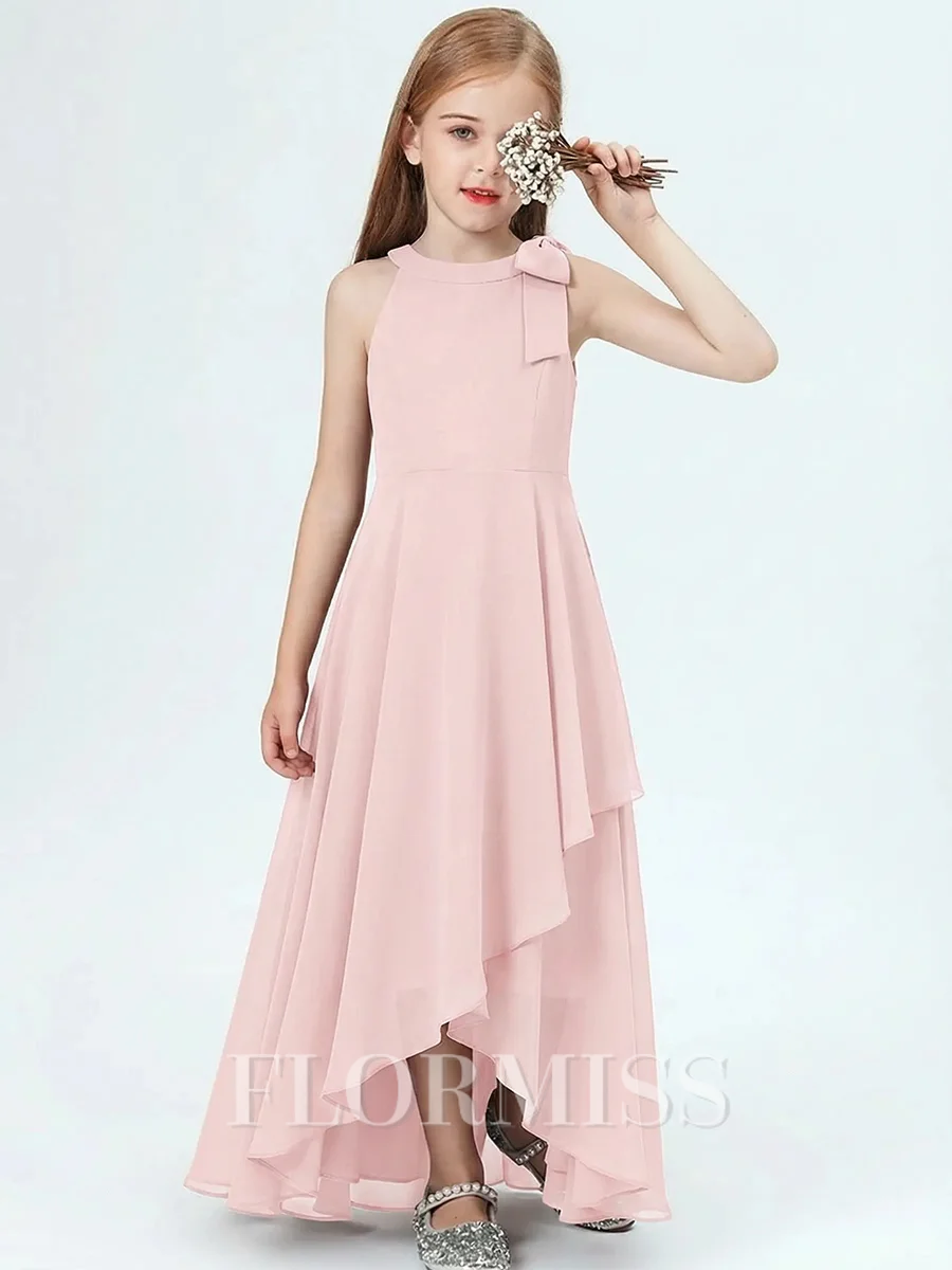 A-line Scoop Bowknot Asymmetrical Chiffon Flower Girl Dress
