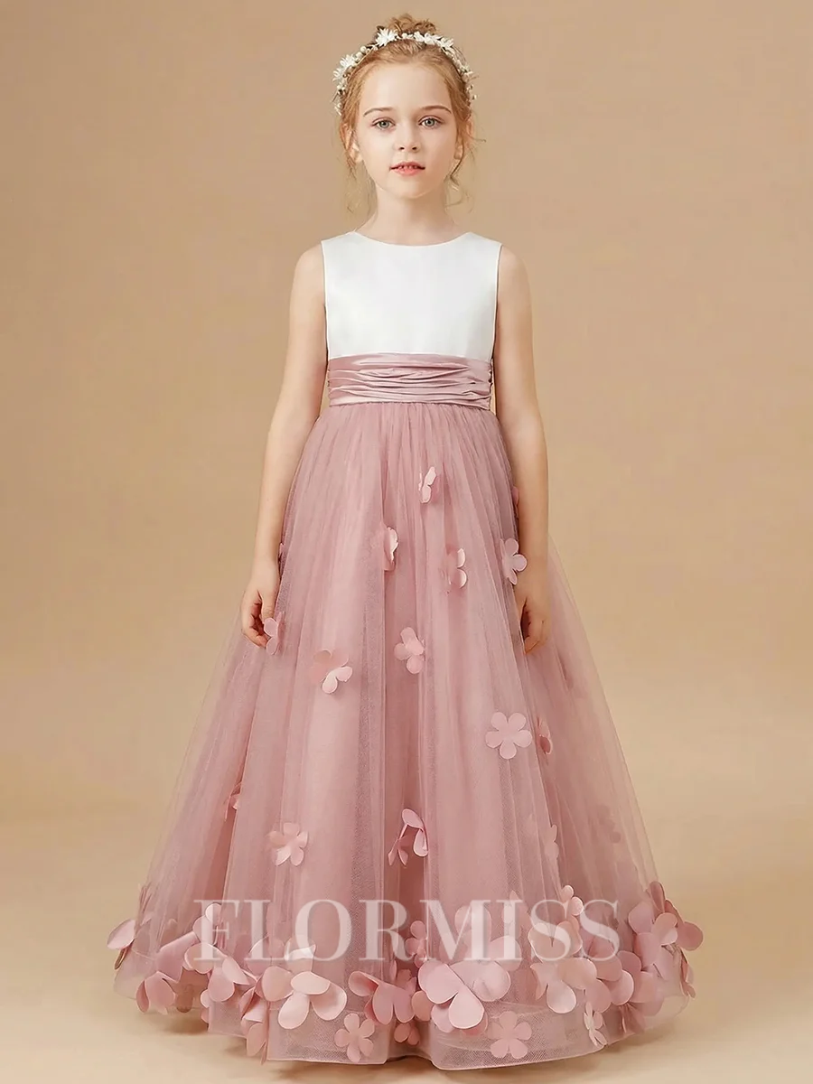 A-line Scoop Flower Floor-Length Tulle Flower Girl Dress