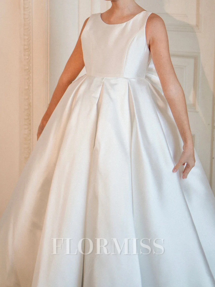 A-line Scoop Bowknot Sweep Train Satin Flower Girl Dress