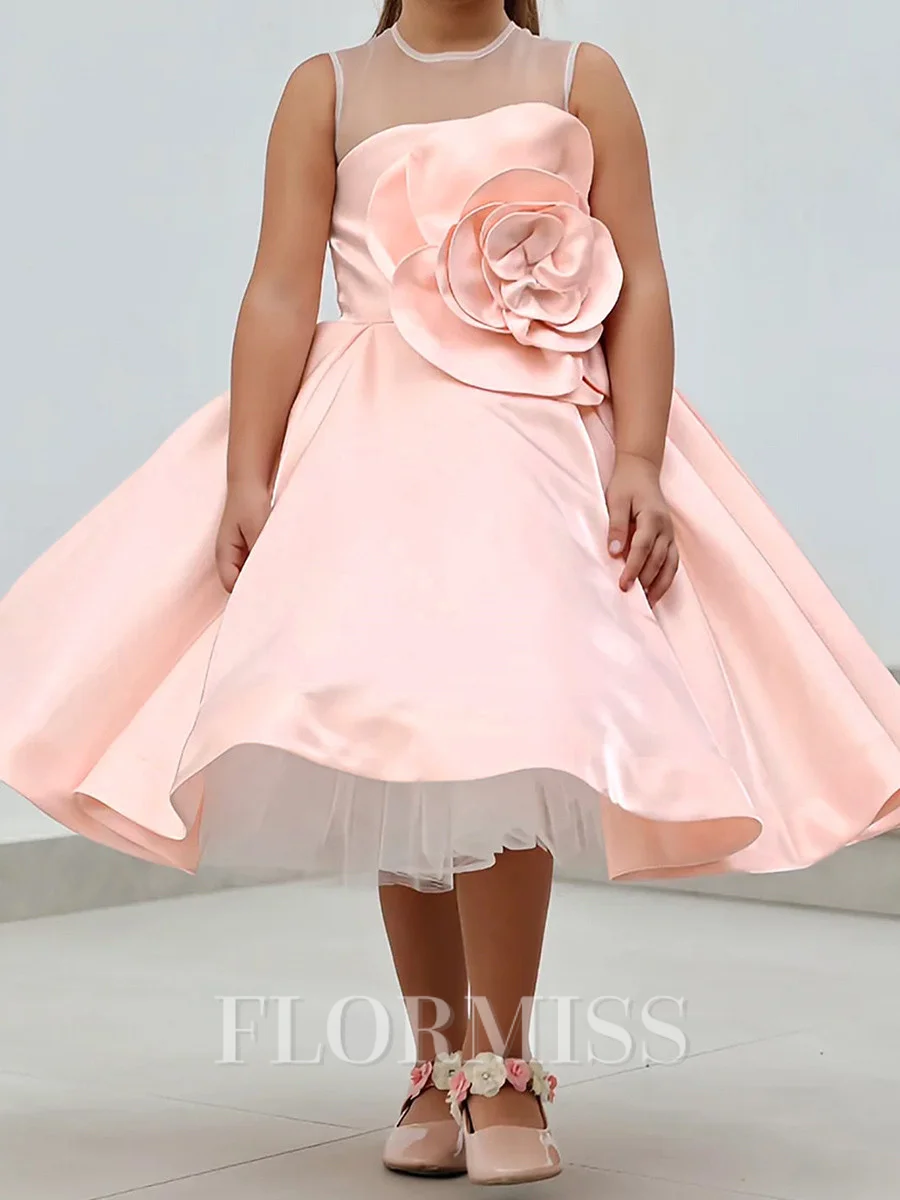 A-line Scoop Flower Tea-Length Satin Flower Girl Dress