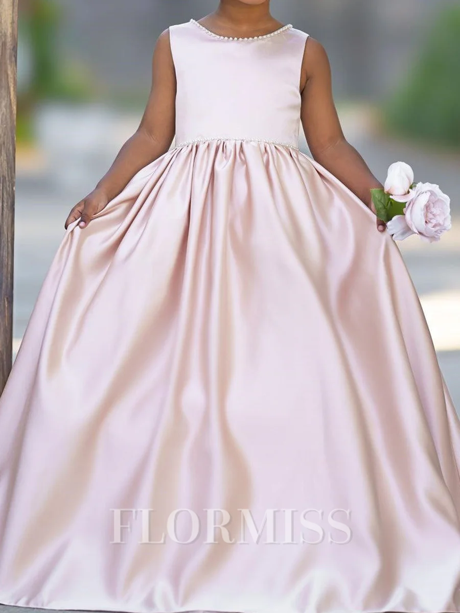 A-line Scoop Bowknot Sweep Train Silk Like Satin Flower Girl Dress