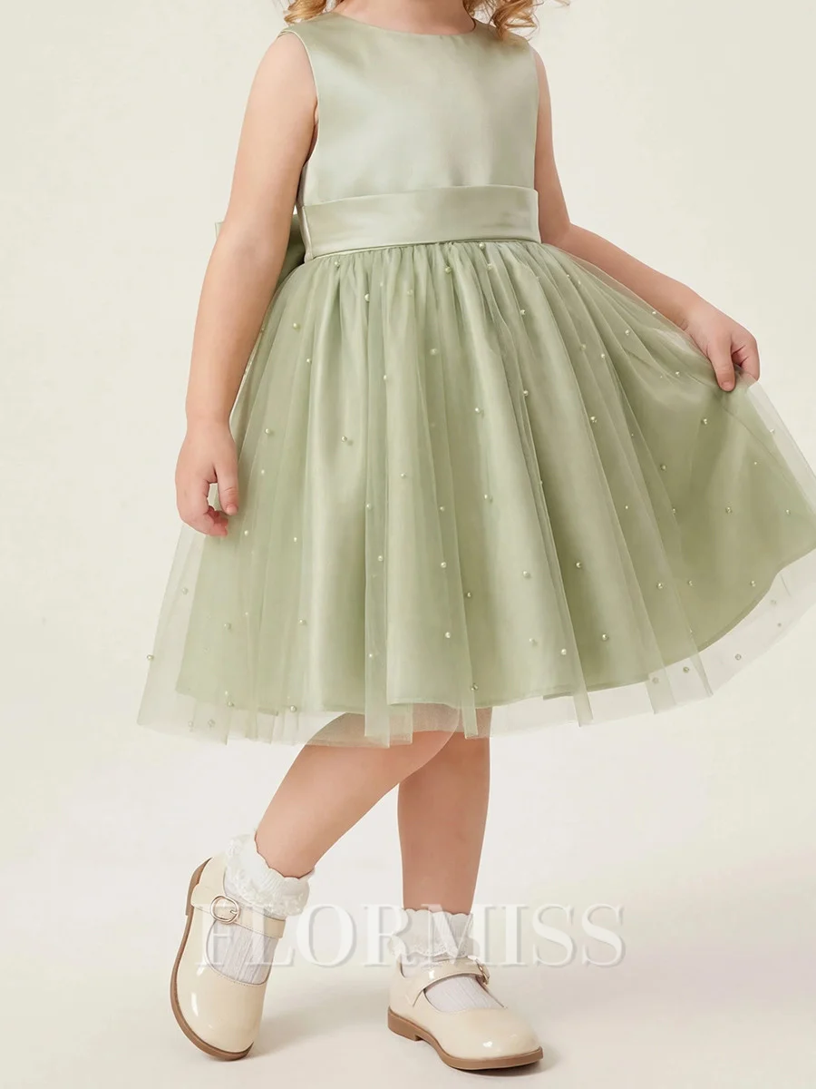 A-line Scoop Bowknot Knee-Length Tulle Flower Girl Dress