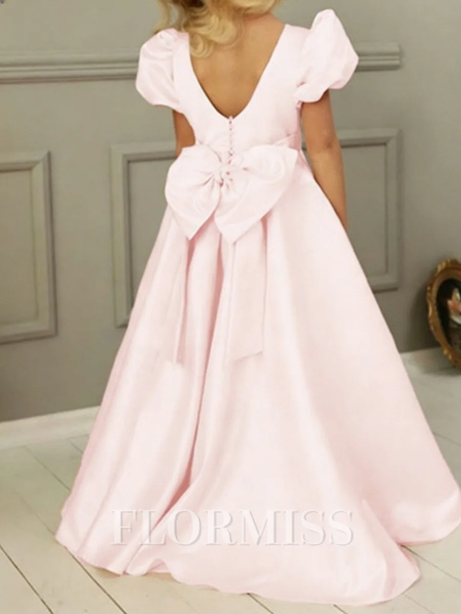 A-line Scoop Short Sleeves Bowknot Floor-Length Satin Flower Girl Dress
