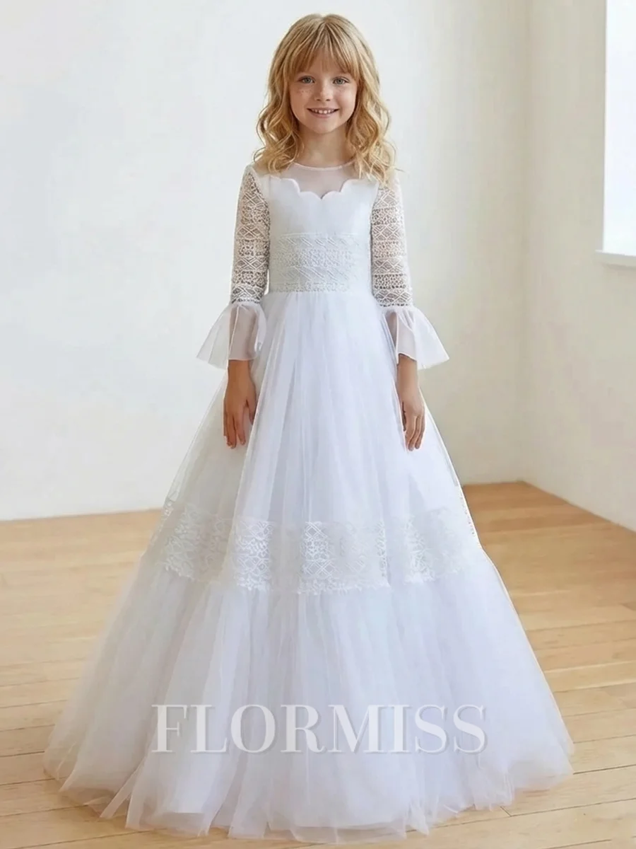 A-line Scoop Long Sleeves Lace Floor-Length Tulle Flower Girl Dress