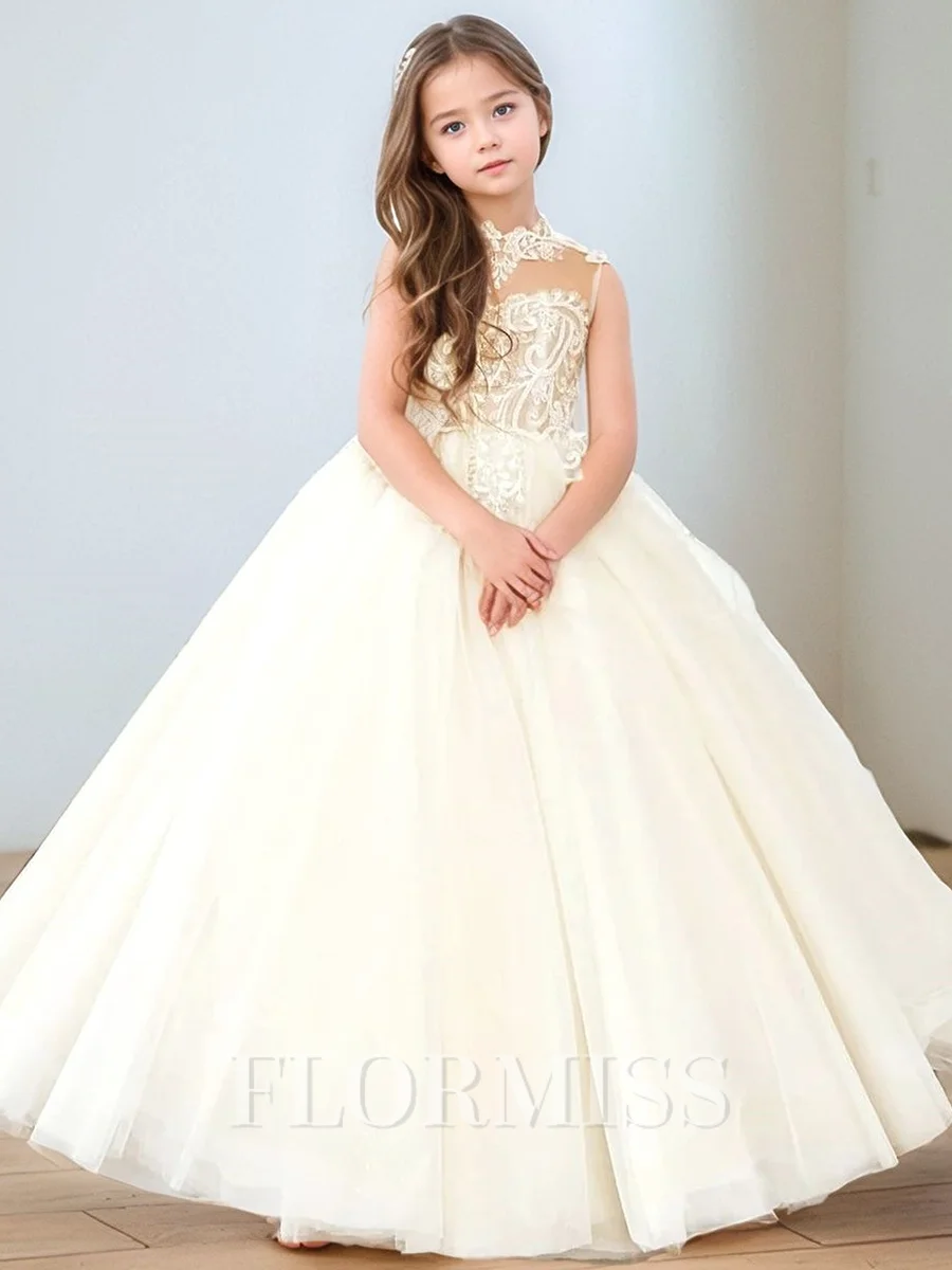 Ball-Gown High Neck Lace Sweep Train Tulle Flower Girl Dress