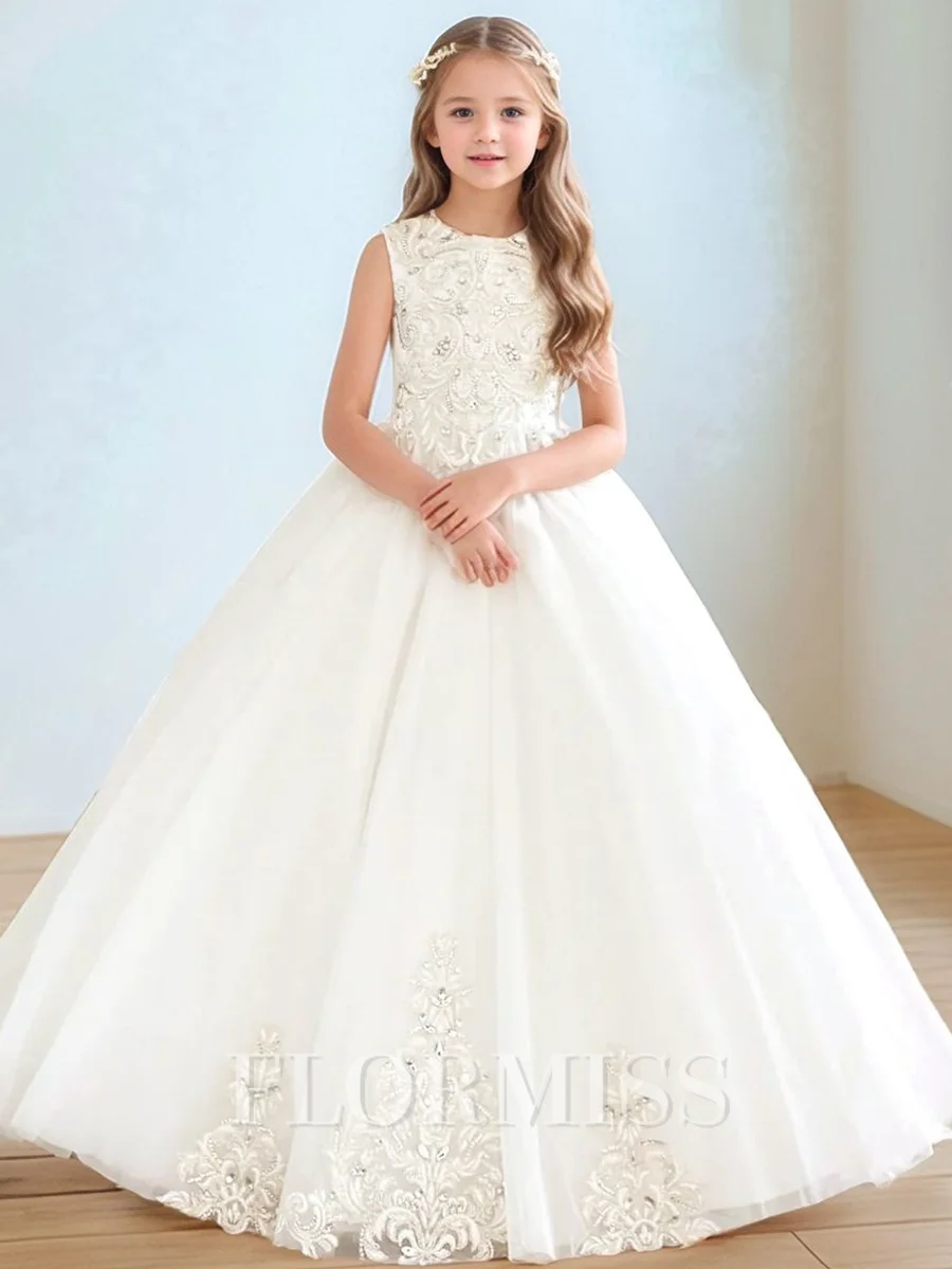 A-line Scoop Applique Sweep Train Tulle Flower Girl Dress