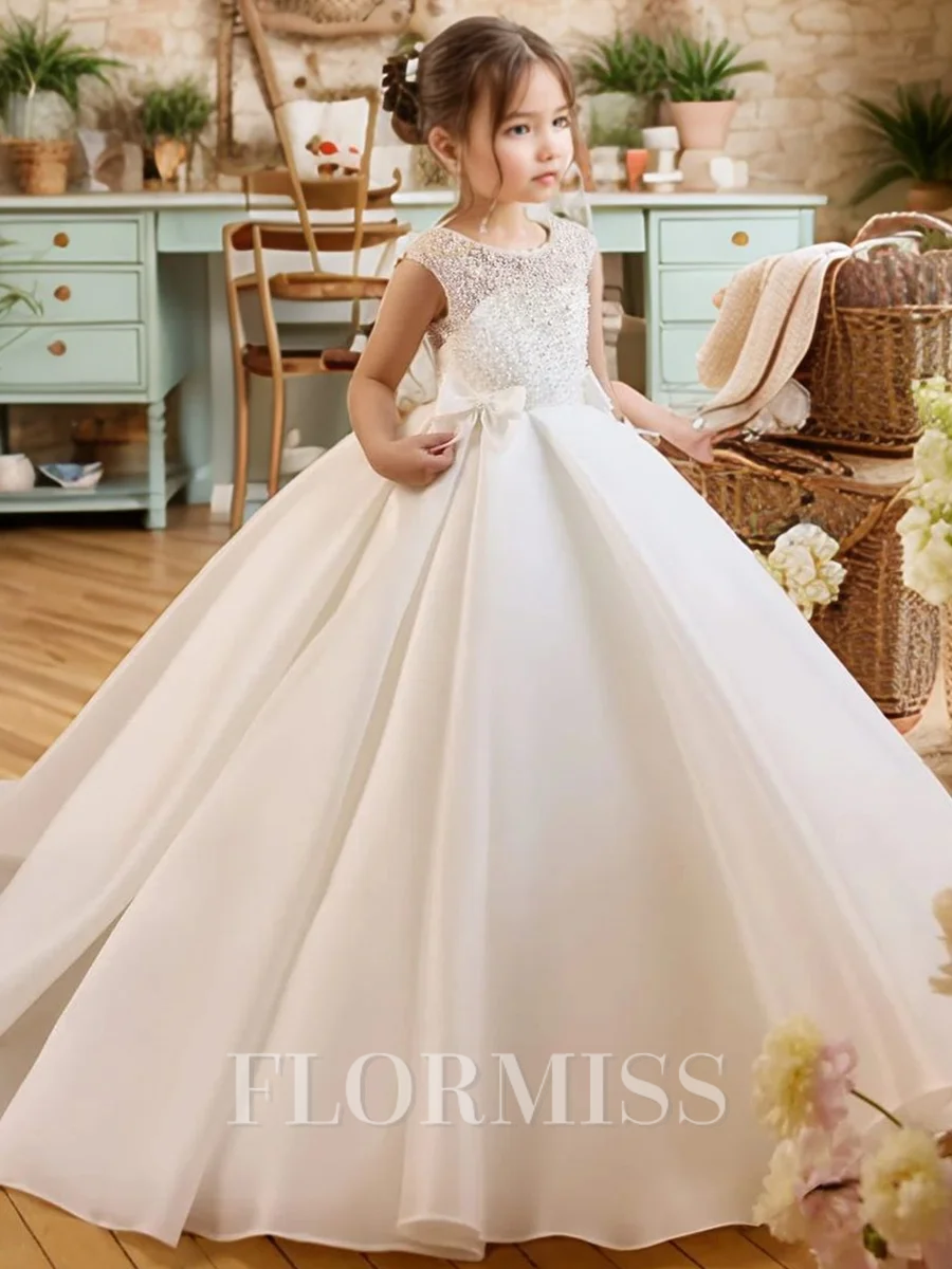 A-line Scoop Bowknot Sweep Train Organza Flower Girl Dress
