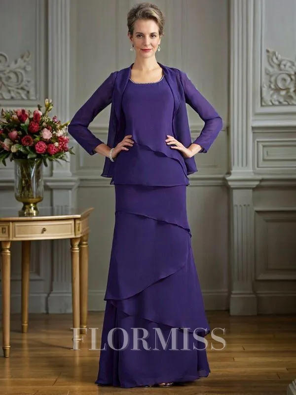 Sheath/Column Scoop Floor-Length Chiffon Mother of the Bride Dresses With Ruffles