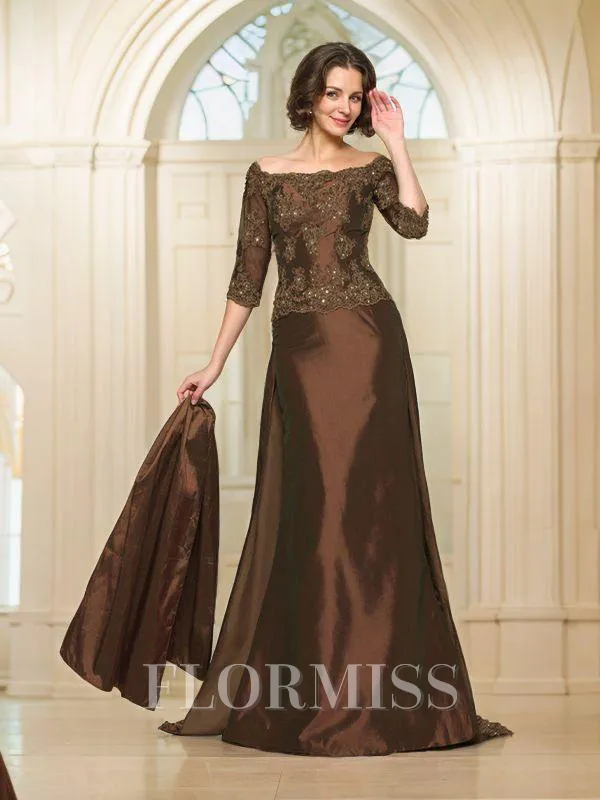 A-Line/Princess Off-the-Shoulder Sweep Train Taffeta Mother of the Bride Dresses With Beading