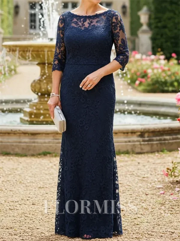 Sheath Scoop 3/4 Sleeves Floor-Length Lace Mother of the Bride Dress