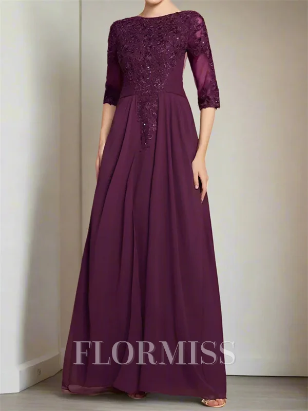 A-line Scoop 1/2 Sleeves Appliques Lace Floor-Length Chiffon Corset Mother of the Bride Dress