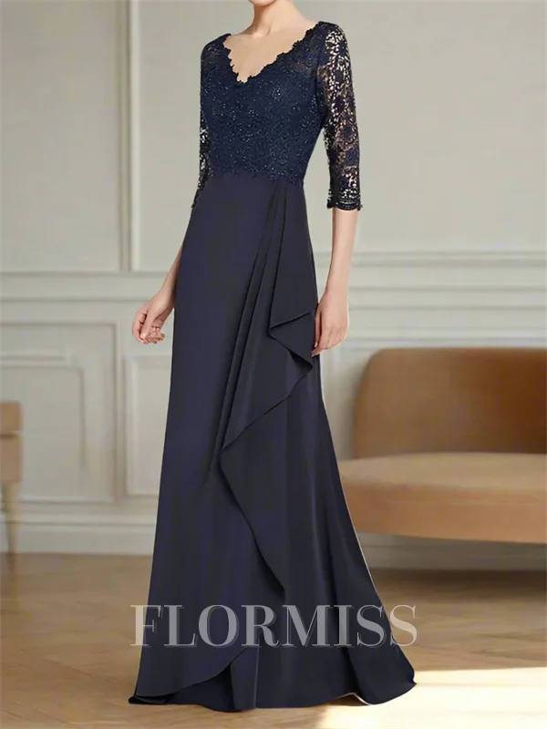 A-line V-neck 3/4 Sleeves Appliques Lace Floor-Length Stretch Crepe Mother of the Bride Dress