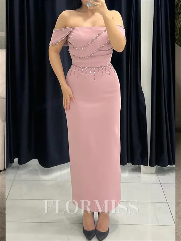 Sheath Off-the-Shoulder Sequin Ankle-Length Stretch Crepe Mother of the Bride Dress