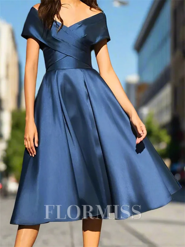 A-line Off-the-Shoulder Pleated Tea-Length Satin Corset Mother of the Bride Dress