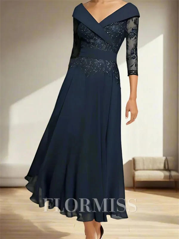 A-line V-neck 3/4 Sleeves Appliques Lace Tea-Length Chiffon Corset Mother of the Bride Dress