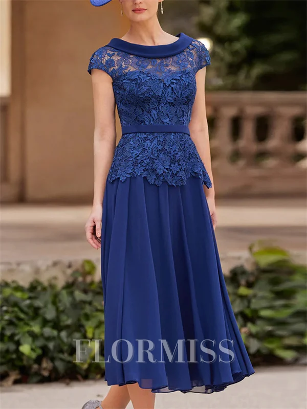 A-line Scoop Short Sleeves Appliques Lace Tea-Length Chiffon Corset Mother of the Bride Dress