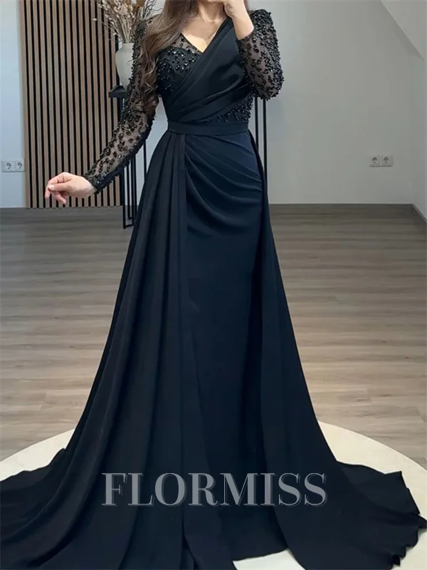 Sheath V-neck Long Sleeves Pleated Sweep Train Stretch Crepe Mother of the Bride Dress