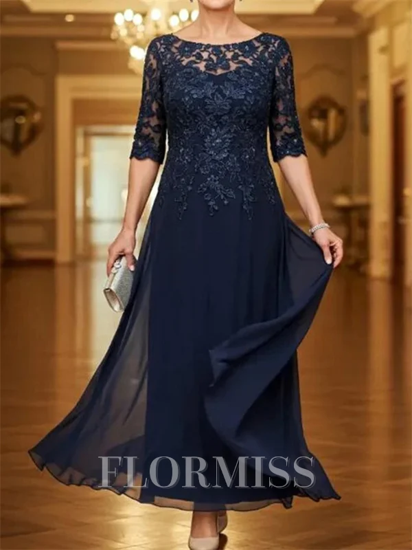 A-line Scoop 3/4 Sleeves Appliques Lace Ankle-Length Chiffon Corset Mother of the Bride Dress