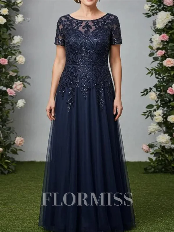 A-line Scoop Short Sleeves Appliques Lace Floor-Length Tulle Corset Mother of the Bride Dress