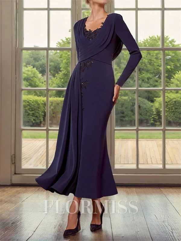 Sheath Sweetheart Long Sleeves Appliques Lace Ankle-Length Stretch Crepe Corset Mother of the Bride Dress