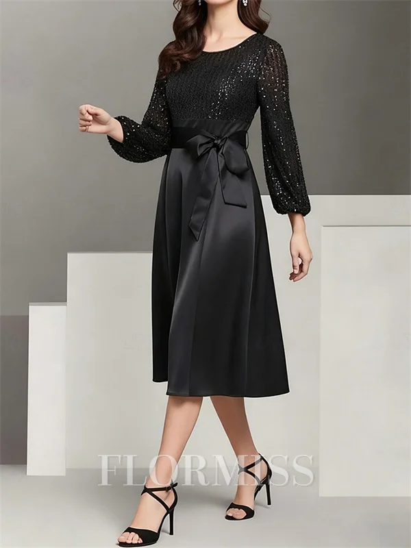 A-line Scoop Long Sleeves Bow Tea-Length Satin Corset Mother of the Bride Dress