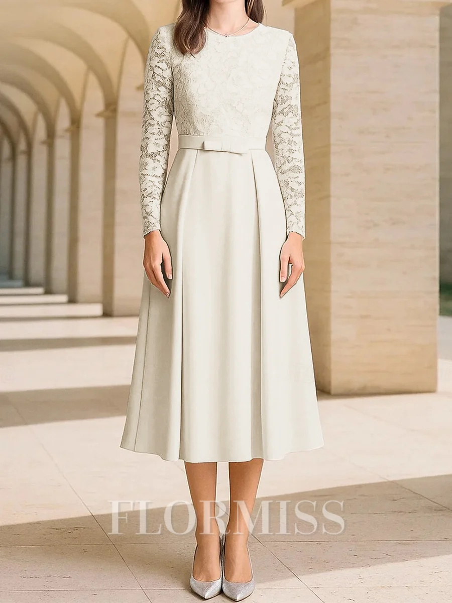 A-line Scoop Long Sleeves Ruffles Tea-Length Stretch Crepe Mother of the Bride Dress