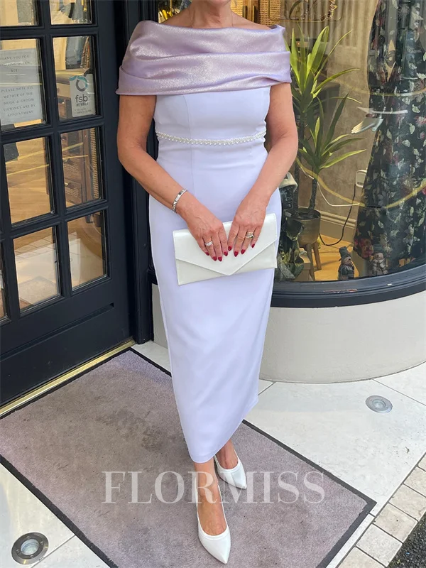 Sheath Bateau Short Sleeves Bow Ankle-Length Stretch Crepe Mother of the Bride Dress