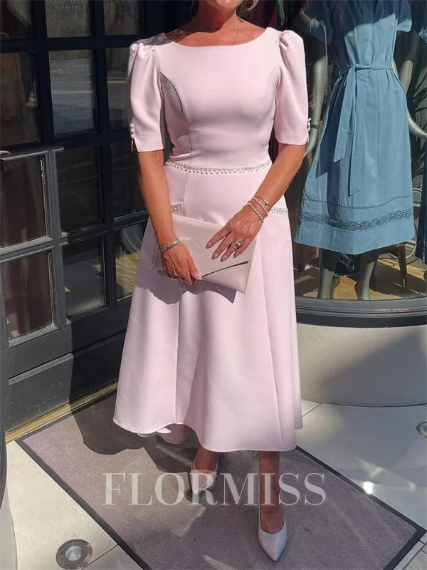 A-line Bateau Short Sleeves Ruffles Asymmetrical Stretch Crepe Mother of the Bride Dress