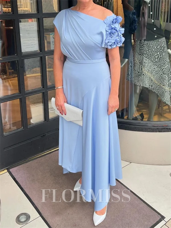 A-line One-Shoulder Short Sleeves Ruffles Asymmetrical Charmeuse Corset Mother of the Bride Dress