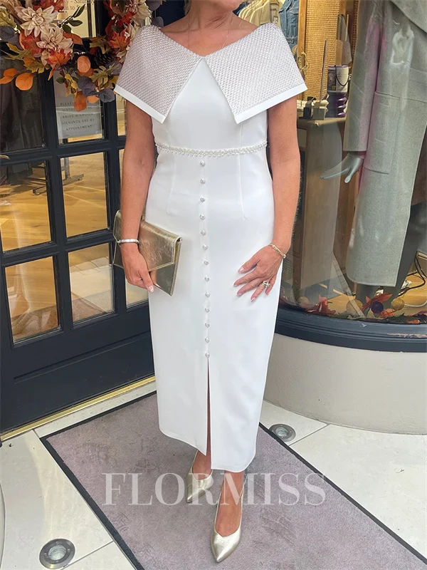 Sheath V-neck Short Sleeves Tea-Length Satin Corset Mother of the Bride Dress