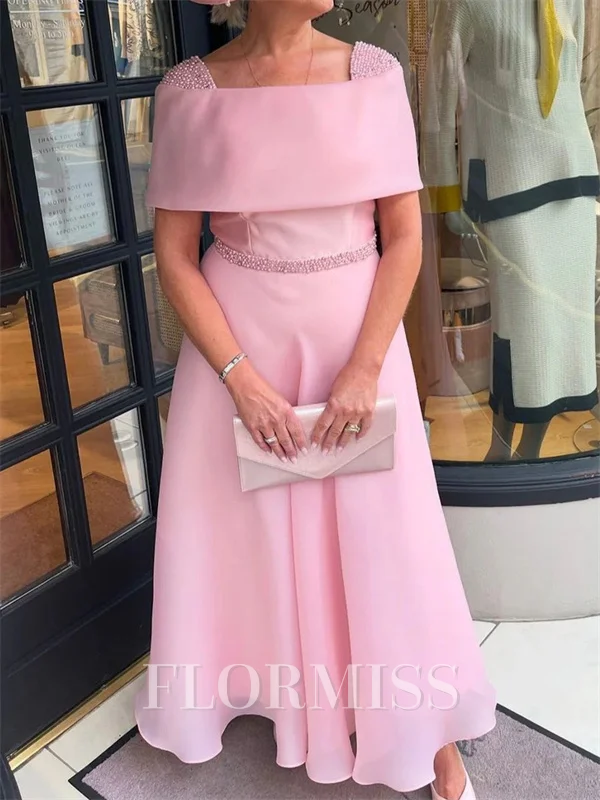 A-line Square Short Sleeves Ruffles Ankle-Length Organza Corset Mother of the Bride Dress