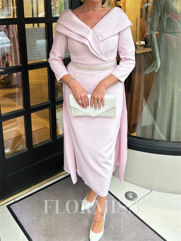 A-line V-neck 3/4 Sleeves Ruffles Ankle-Length Stretch Crepe Mother of the Bride Dress