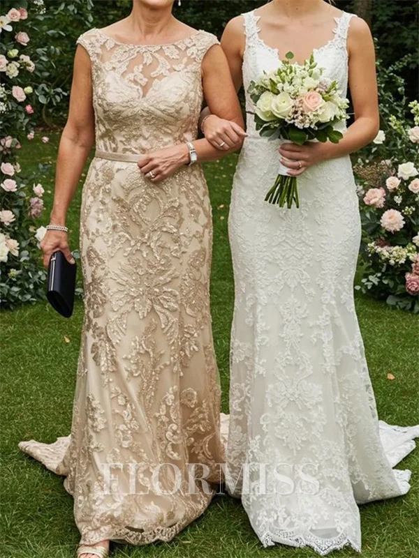 Sheath Bateau Appliques Lace Court Train Lace Corset Mother of the Bride Dress