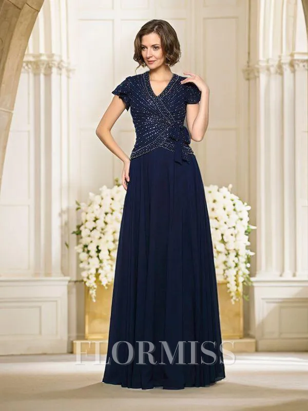 A-Line/Princess V-neck Floor-Length Chiffon Mother of the Bride Dresses With Beading