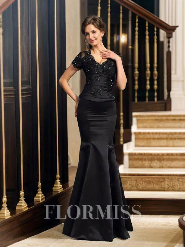 Trumpet/Mermaid V-neck Floor-Length Satin Mother of the Bride Dresses With Appliques Lace