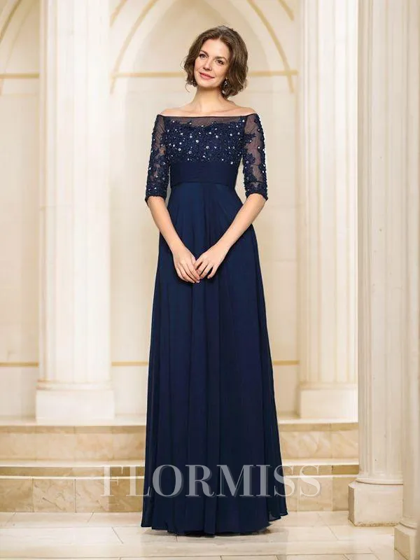 A-Line/Princess Off-the-Shoulder Floor-Length Chiffon Mother of the Bride Dresses With Beading